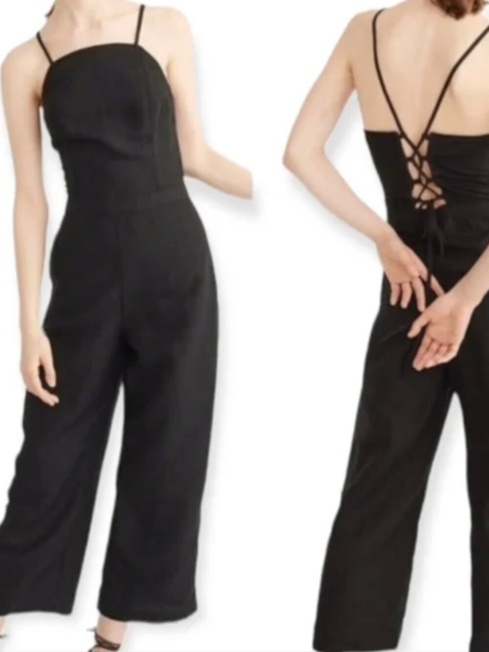 Abercrombie & Fitch | Linen Blend Lace Up Back Solid Black Jumpsuit | Size 2